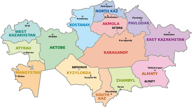 خريطة كازاخستان - التقسيم الإدراي